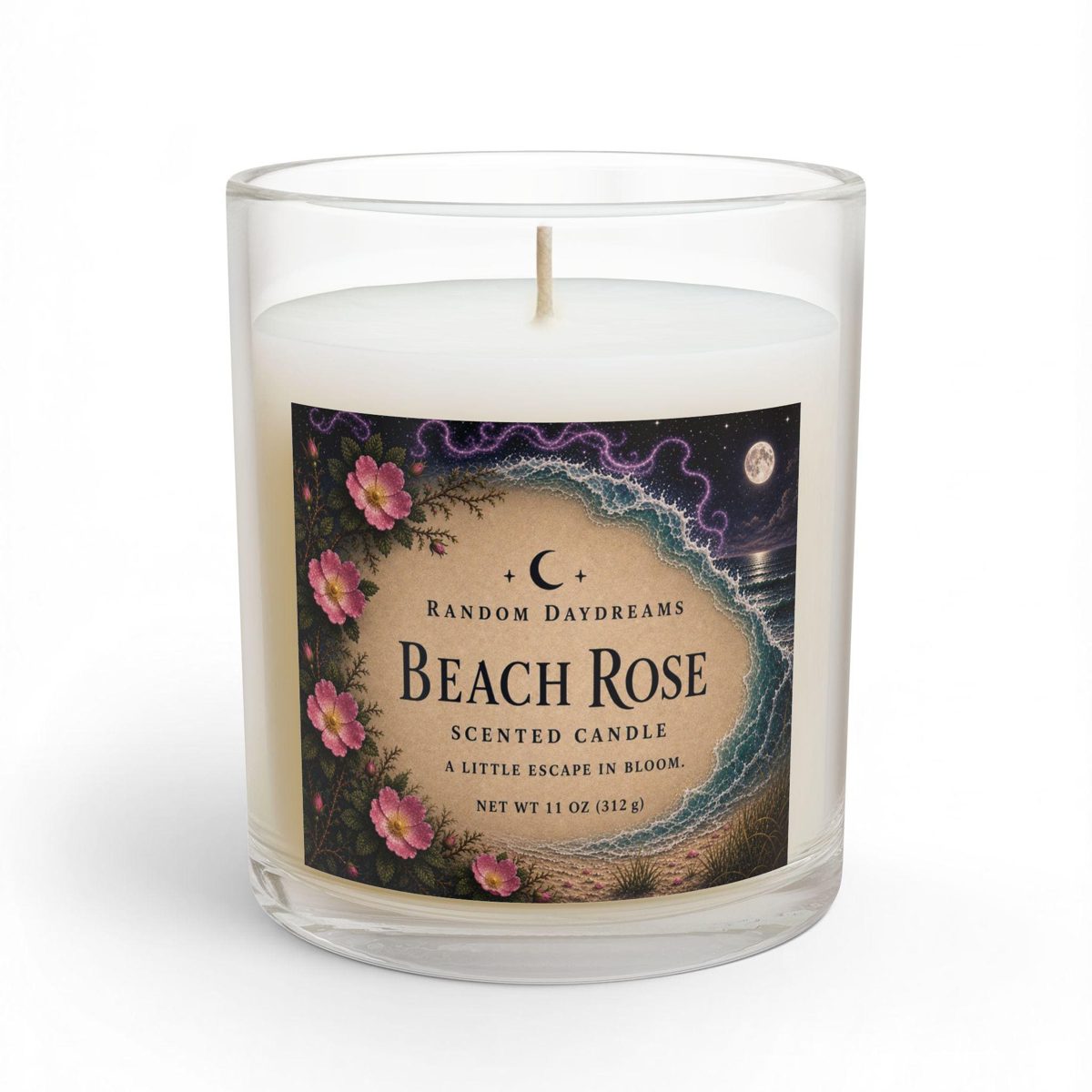 Beach Rose candle in a clear glass jar with an illustrated moonlit shoreline label